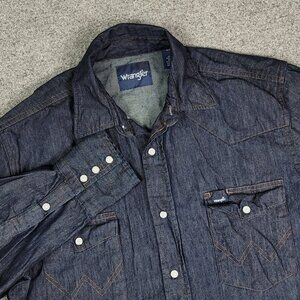 VTG Wrangler Dark Wash Denim Pearl Snap Shirt Men's Medium Western Long Sleeve